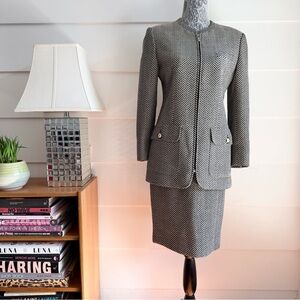 Vintage Valentino Miss V Herringbone Blazer Skirt Set Suit Made in Italy